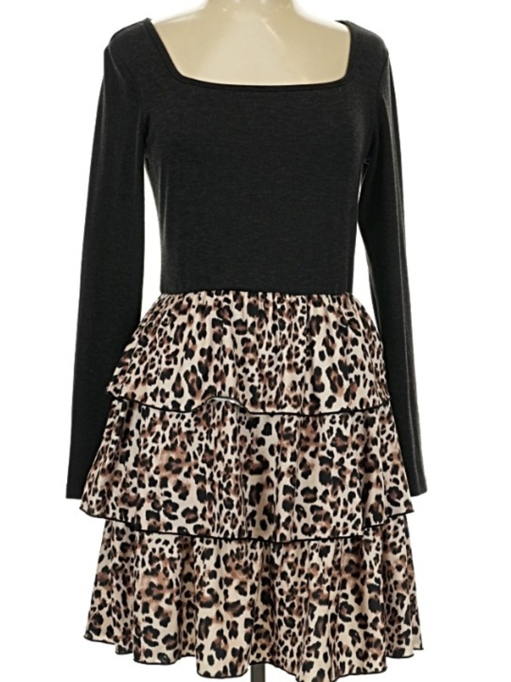 Cider Black Bodice Long Sleeve Dress with Leopard Tiered Skirt